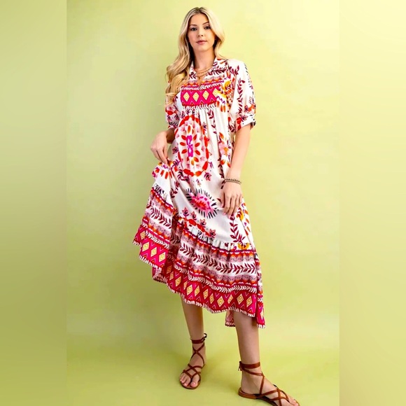 Bohemian mixed print short sleeve multi color midi dress S-L - Picture 1 of 7
